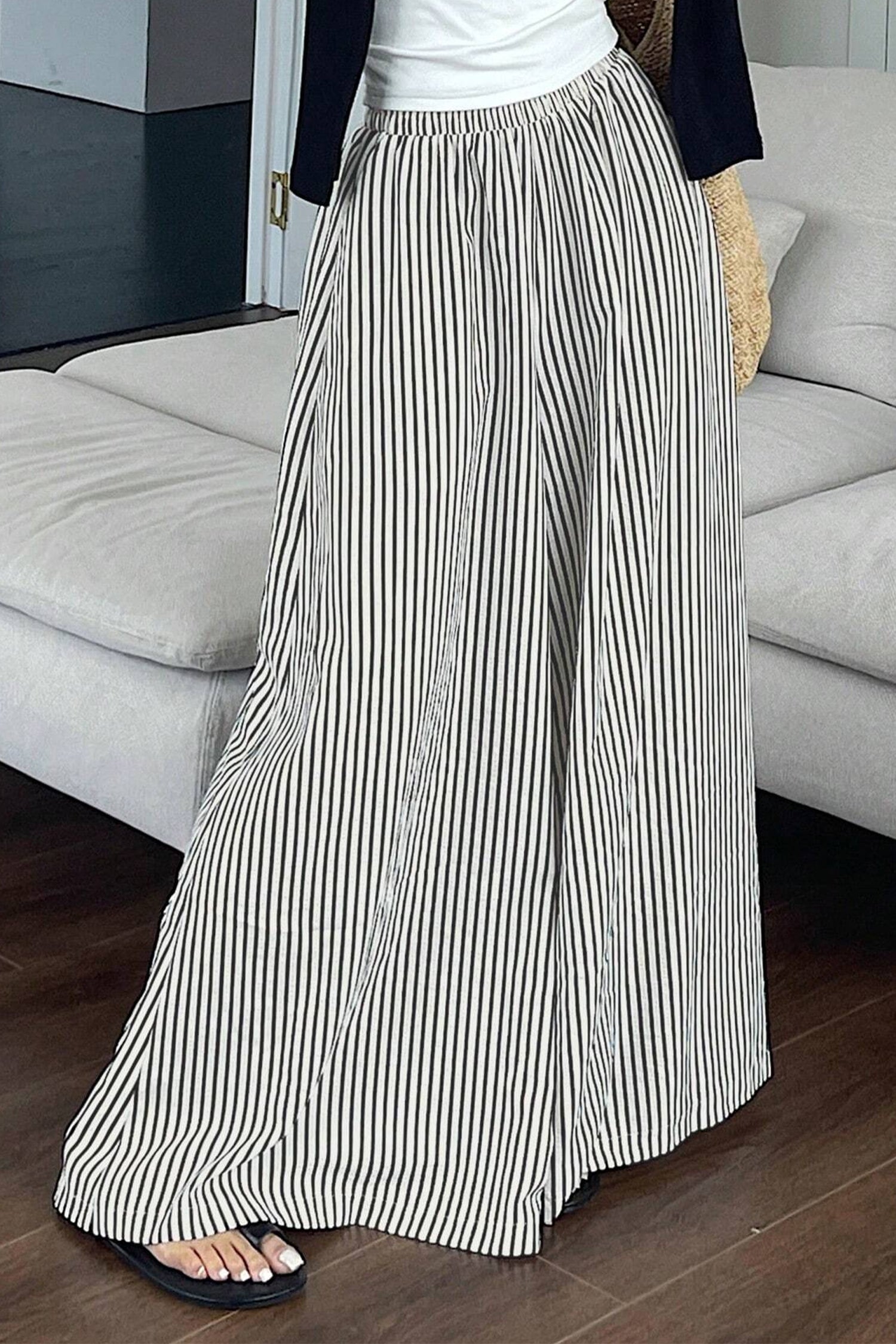 Black Stripe Elastic Waist Ultra Wide Leg Pants 🇺🇸