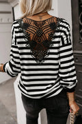 Black Stripe Crochet Hollow-out Back Buttoned Shoulder V Neck Top 🇺🇸