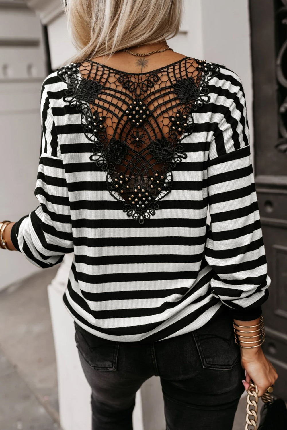 Black Stripe Crochet Hollow-out Back Buttoned Shoulder V Neck Top 🇺🇸
