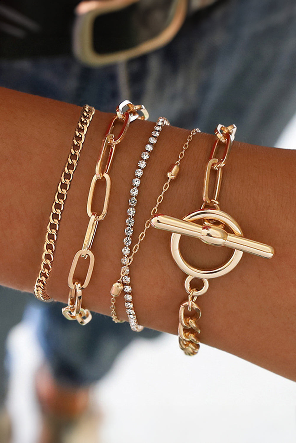 Gold Multi Layered Rhinestone Plated Chain Bracelet Set 🇨🇳