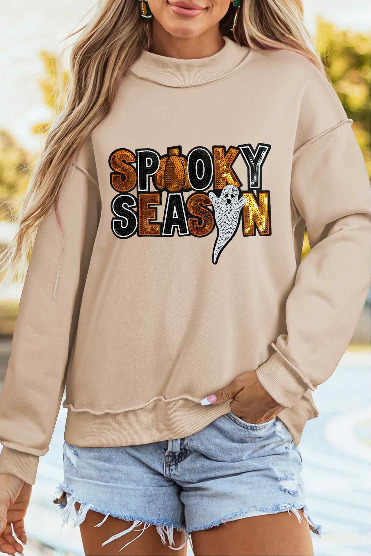 Apricot Sequin Spooky Season Graphic Mock Neck Halloween Sweatshirt 🇺🇸