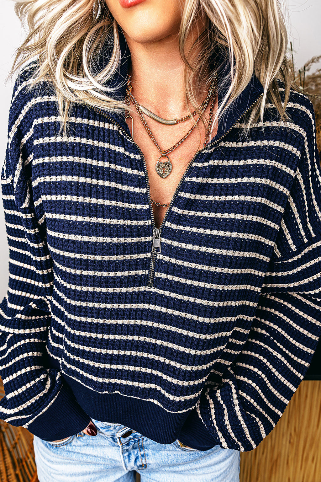 Blue Stripe Textured Knit Half Zip Collared Long Sleeve Top 🇺🇸