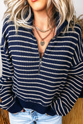 Blue Stripe Textured Knit Half Zip Collared Long Sleeve Top 🇺🇸