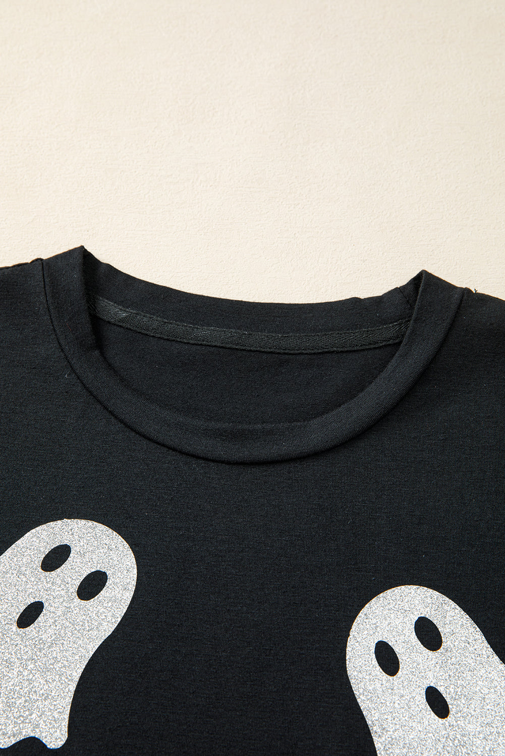 Black Glitter Ghost Pattern Crew Neck Halloween T Shirt 🇺🇸