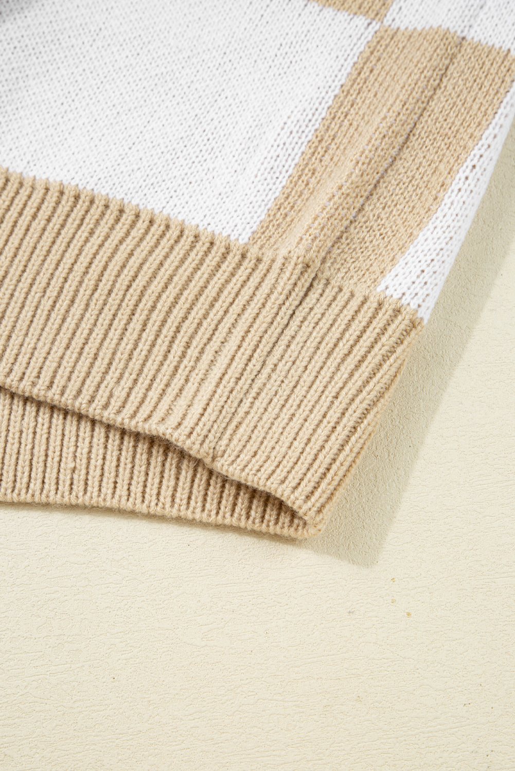 Light French Beige Checkered Pattern Polo Collar Loose Sweater  🇺🇸