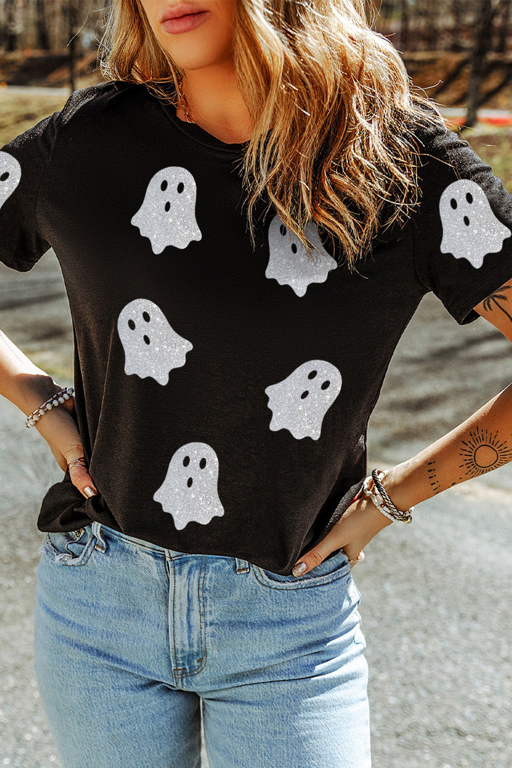 Black Glitter Ghost Pattern Crew Neck Halloween T Shirt 🇺🇸