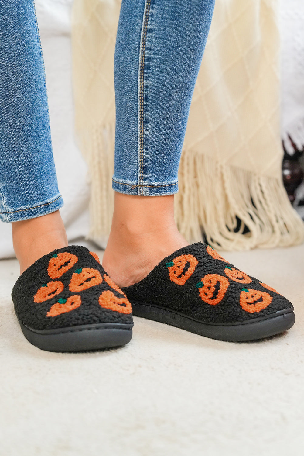 Black Halloween Pumpkin Plush Home Slippers 🇺🇸