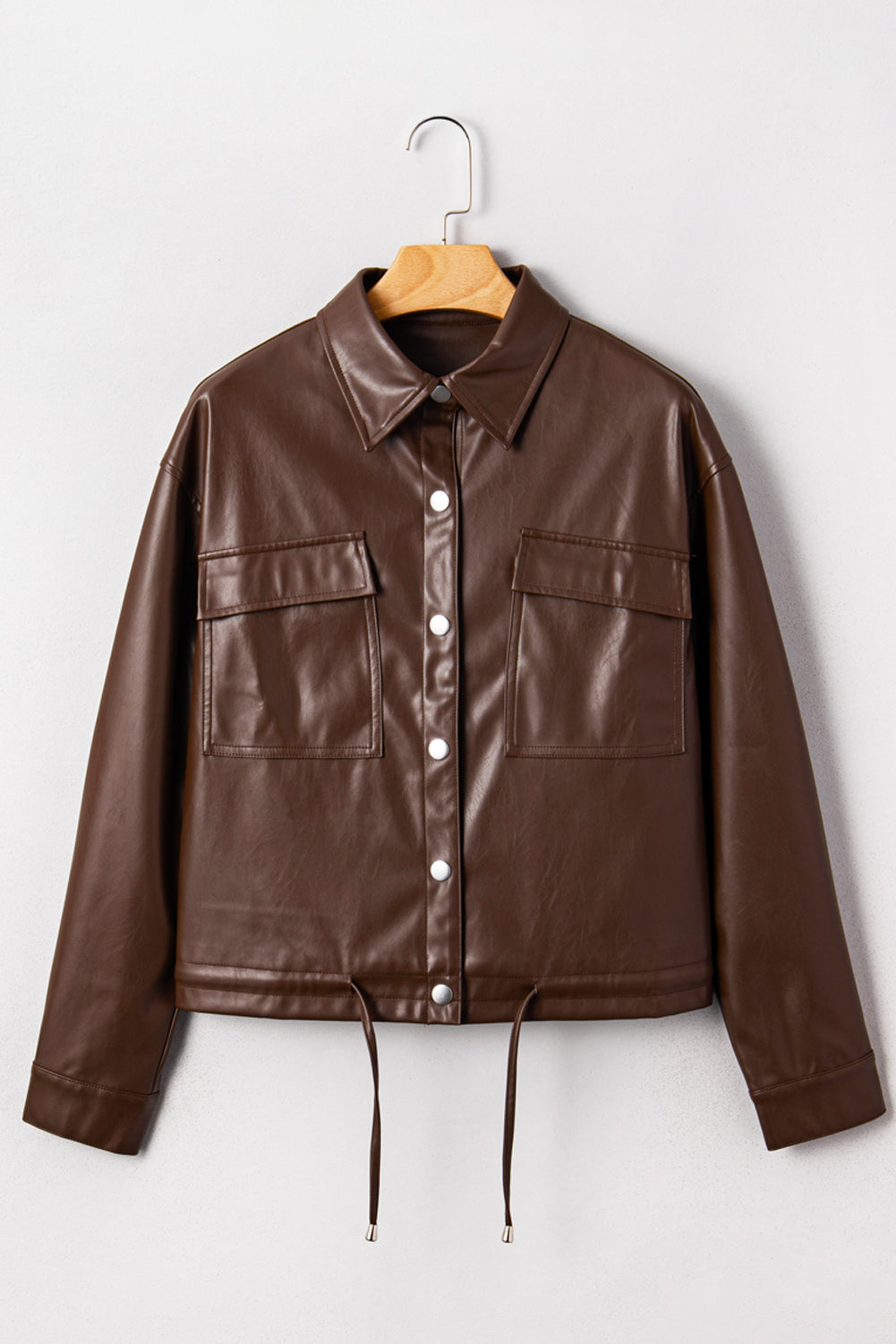Chicory Coffee Double Flap Pocket Drawstring Hem Leather Jacket 🇺🇸