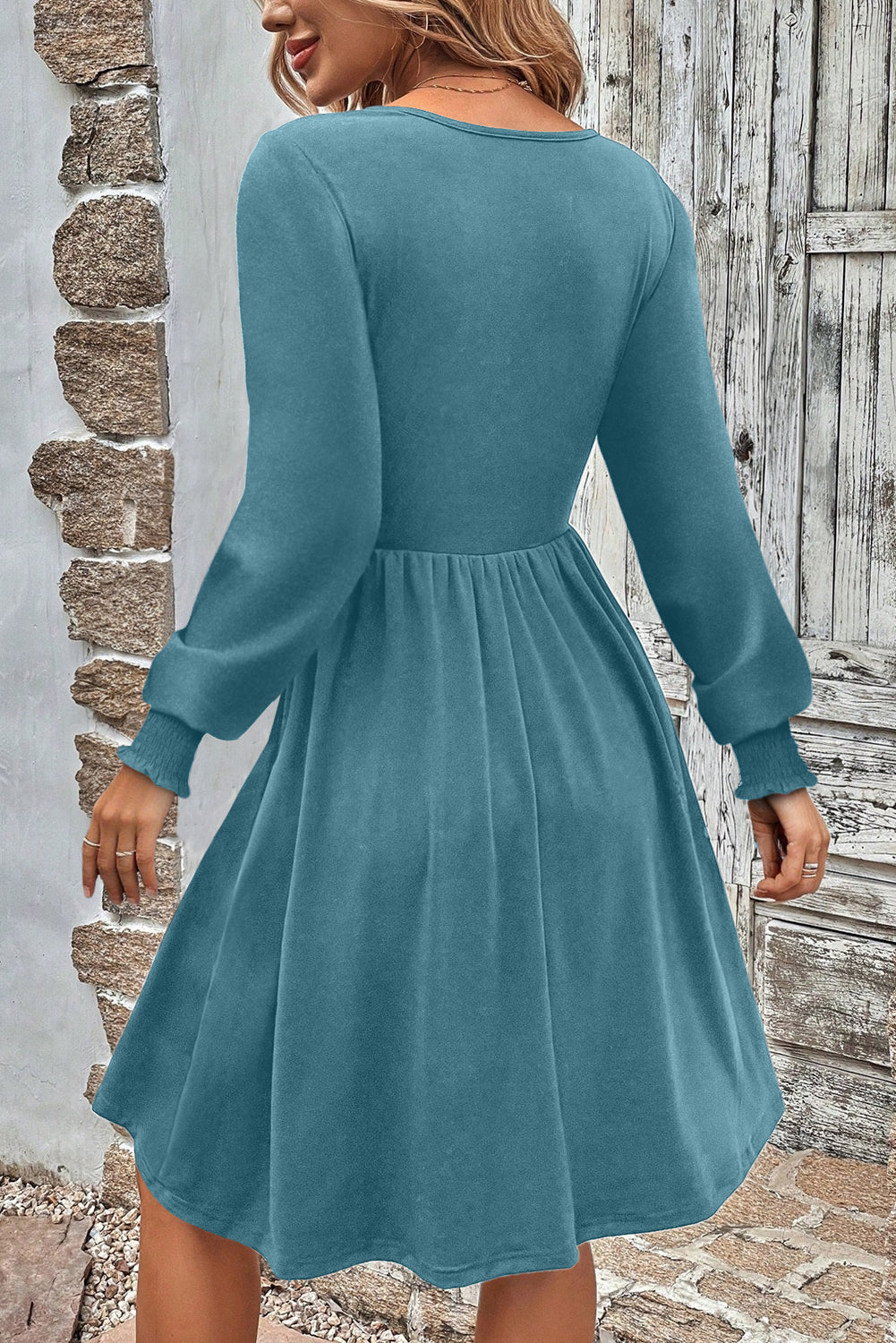 Canton Shirred Cuff Long Sleeve Button Round Neck Mini Dress 🇺🇸