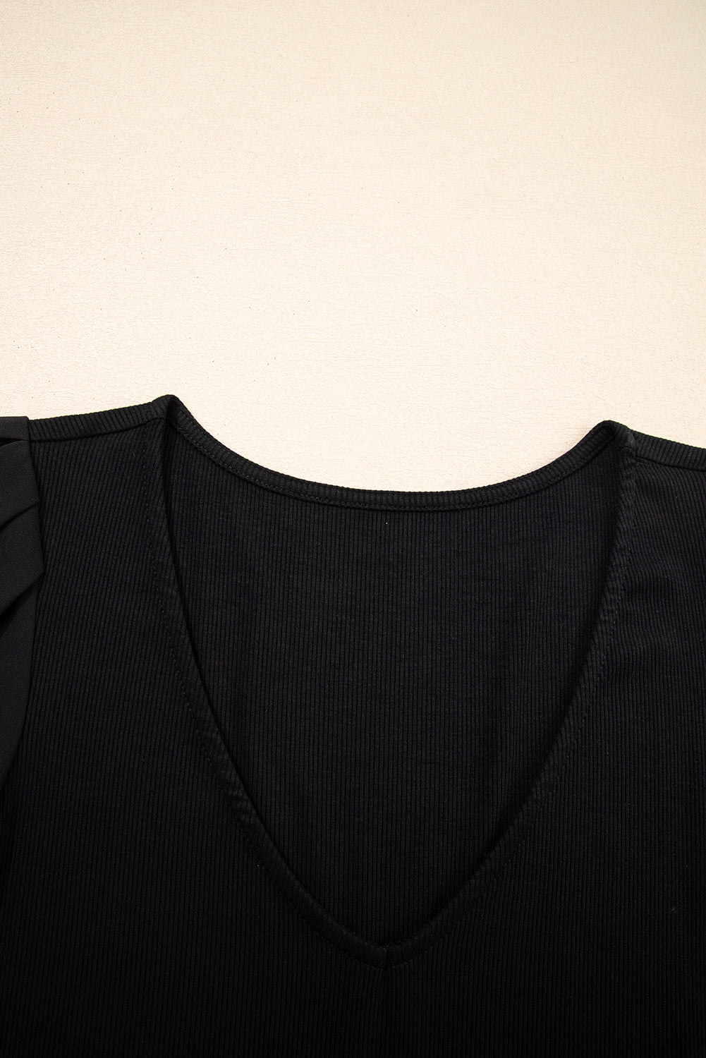 Black Mesh Ruffled Sleeve Slim Fit V Neck Top 🇺🇲
