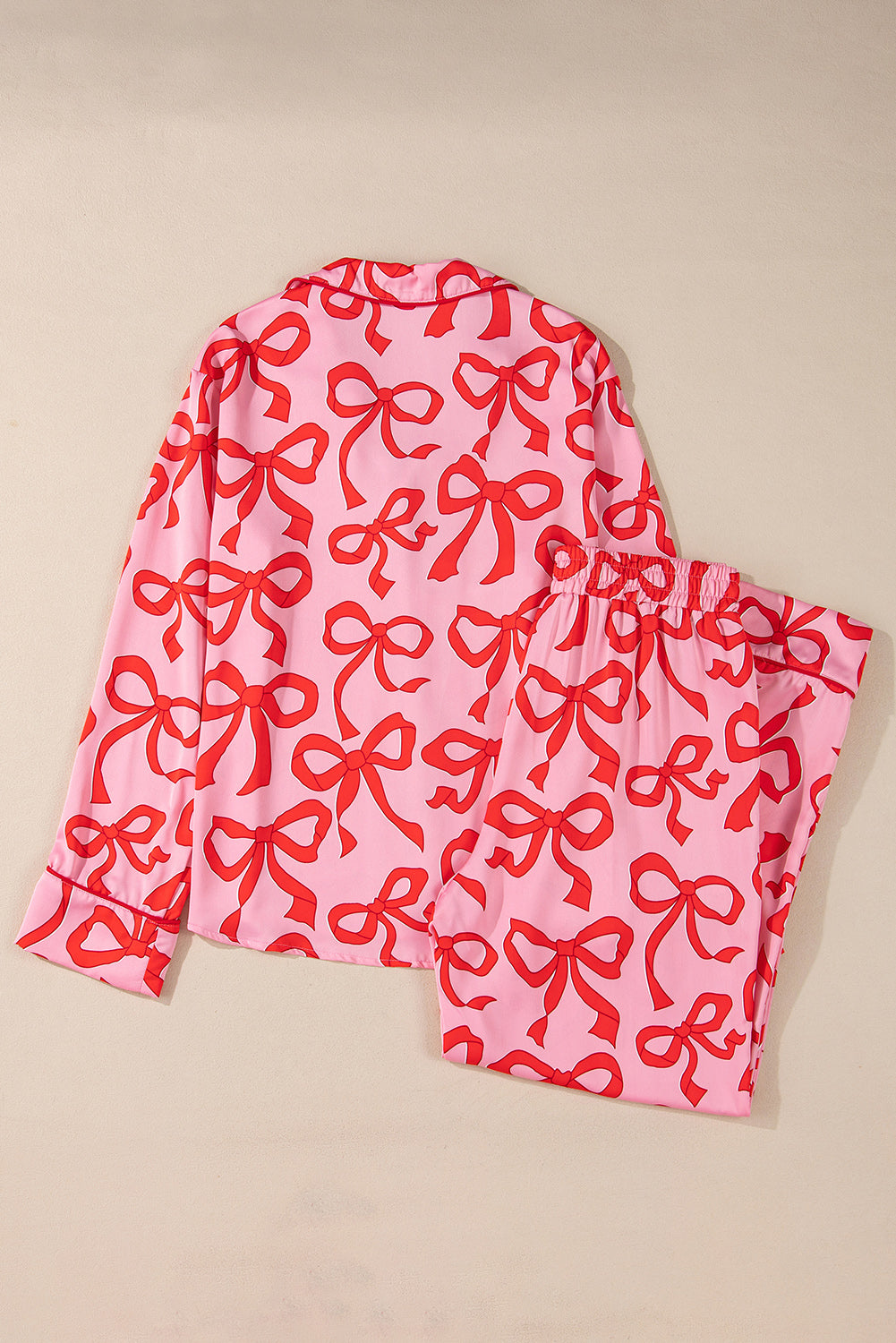 Pink 2pcs Bow Print Shirt Style Long Sleeve Pajama Set 🇺🇸