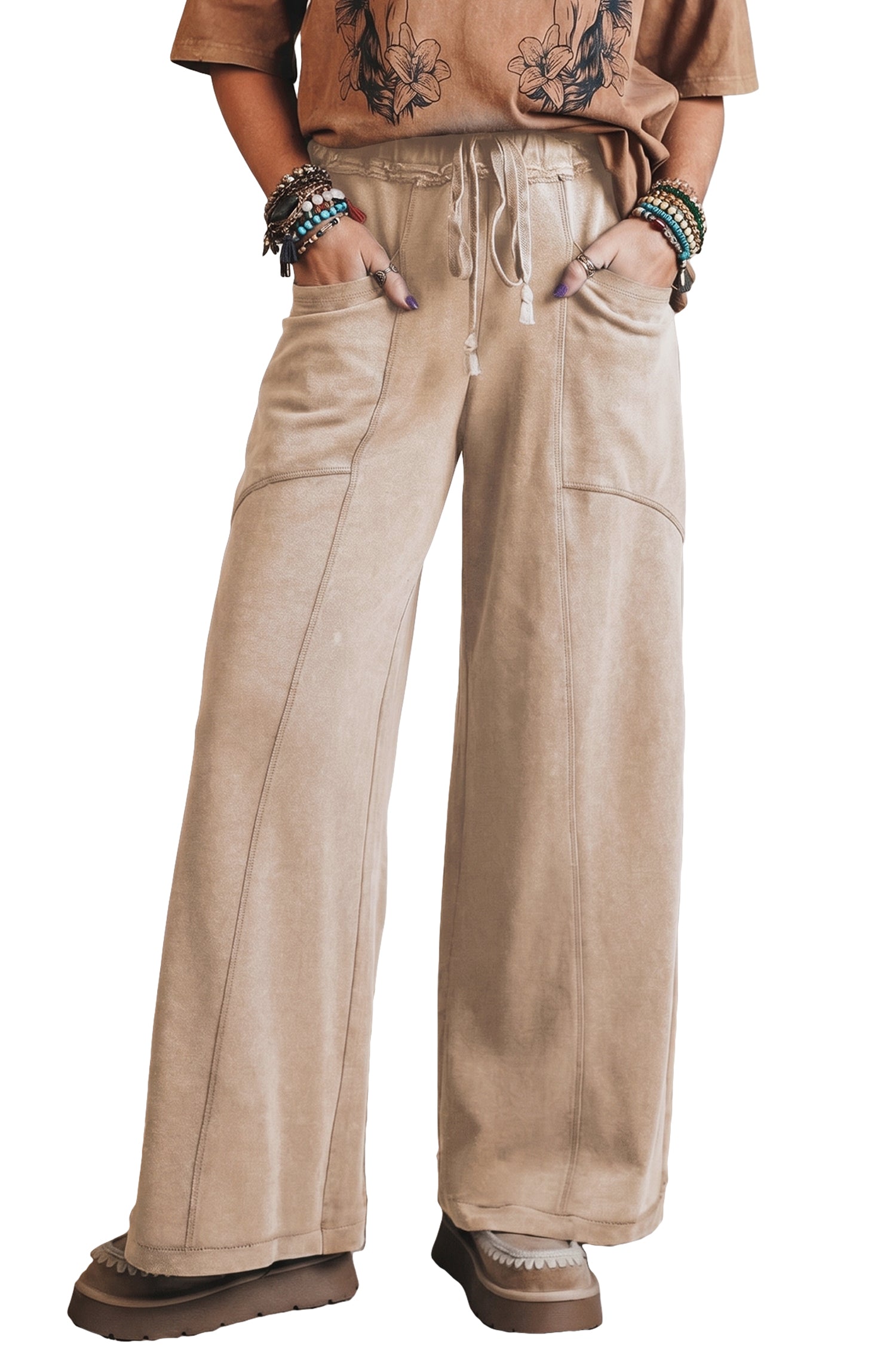 Smoke Gray Mineral Wash Drawstring Retro High Waist Wide Leg Western Pants 🇺🇸