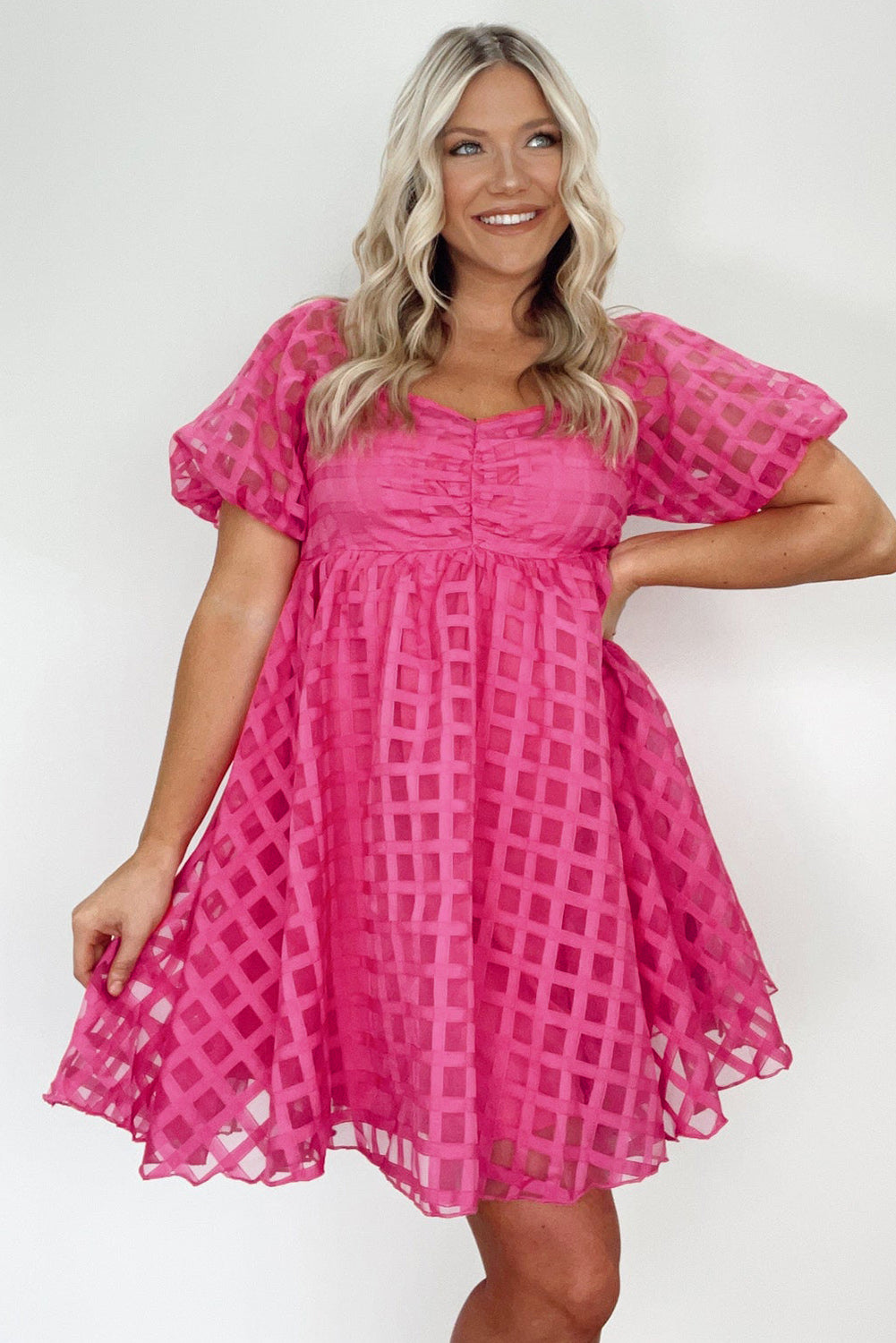 Strawberry Pink Checkered Puff Sleeve Babydoll Dress 🇺🇸