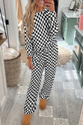 Black Checkered Print Long Sleeve Top and Pants Lounge Set 🇺🇸