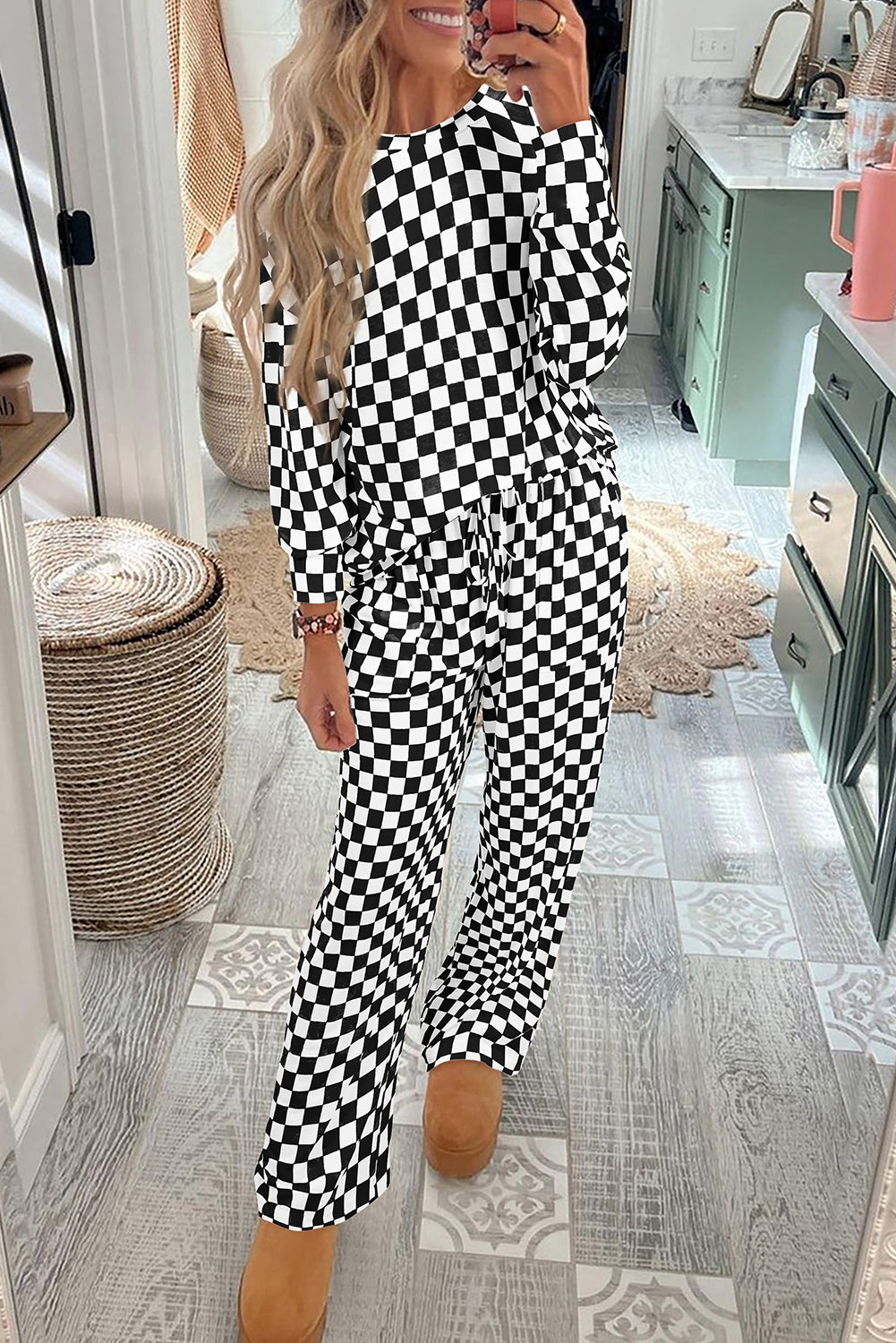 Black Checkered Print Long Sleeve Top and Pants Lounge Set 🇺🇸