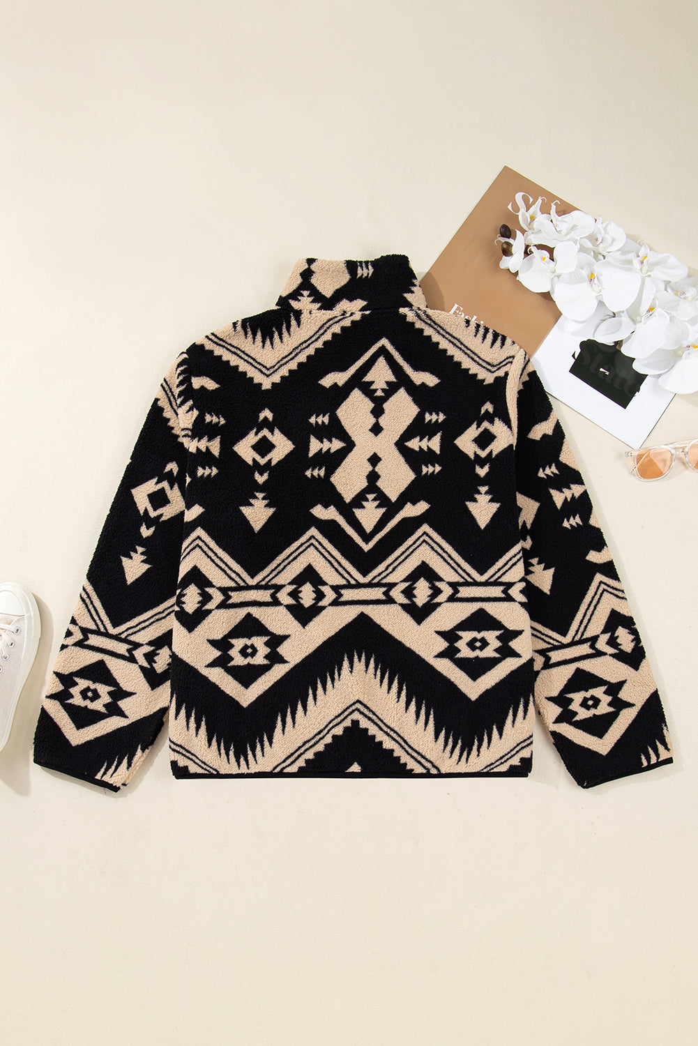 Black Plus Size Western Aztec Pattern Half Button Collared Plush Sweatshirt 🇺🇸