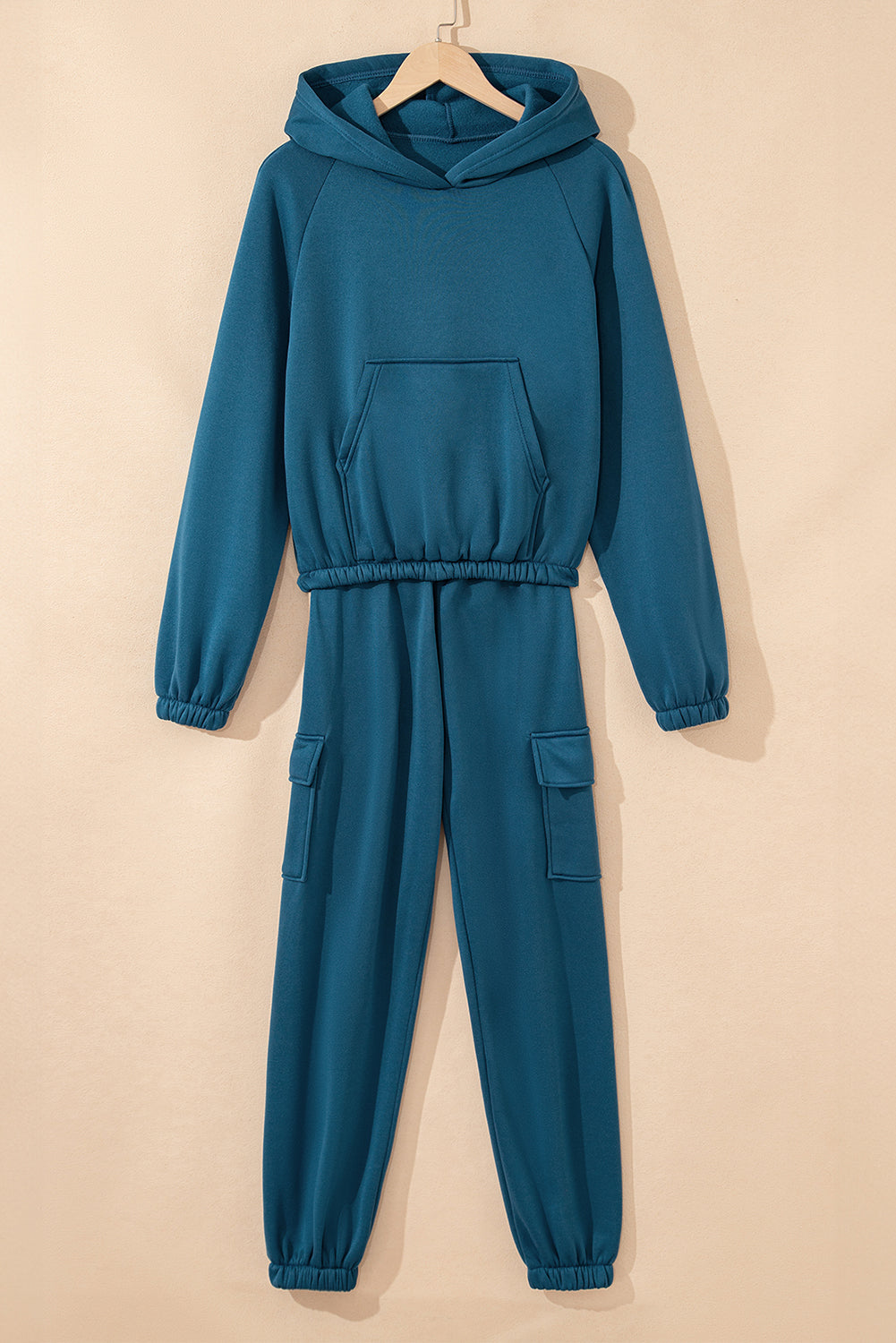 Peacock Blue Cozy Hooded Sweatshirt Drawstring Elastic Waistband Cargo Pant Set 🇺🇸