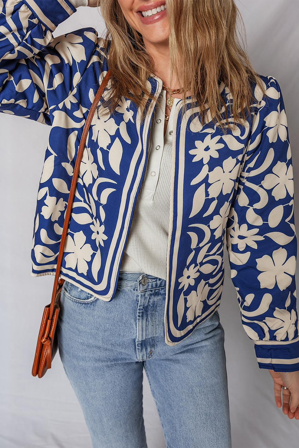 Blue Flower Print Open Front Buttoned Cuffs Elegant Jacket 🇺🇸