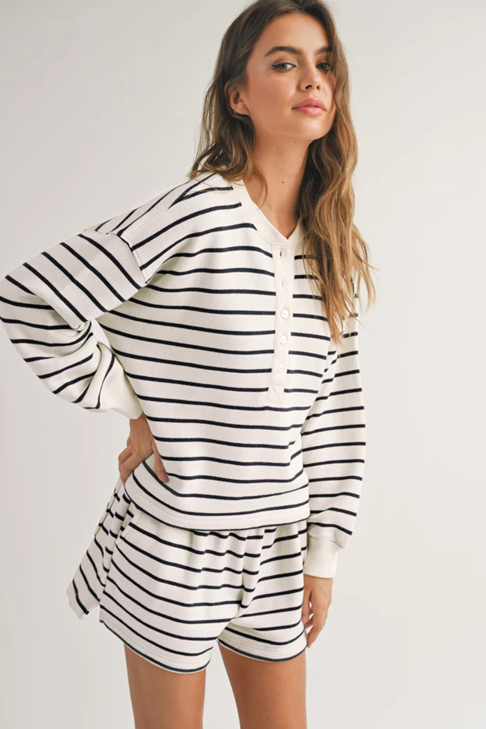 Black white Stripes Printed Half Button Long Sleeve Top and Shorts Set 🇨🇳