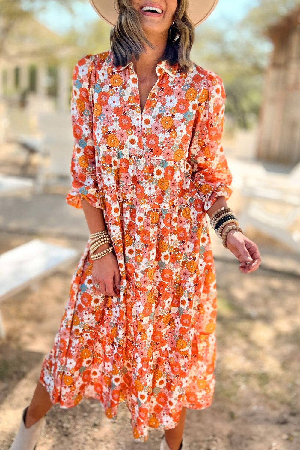 Multicolor Boho Floral Collared Long Sleeve Ruffled Dress 🇺🇸