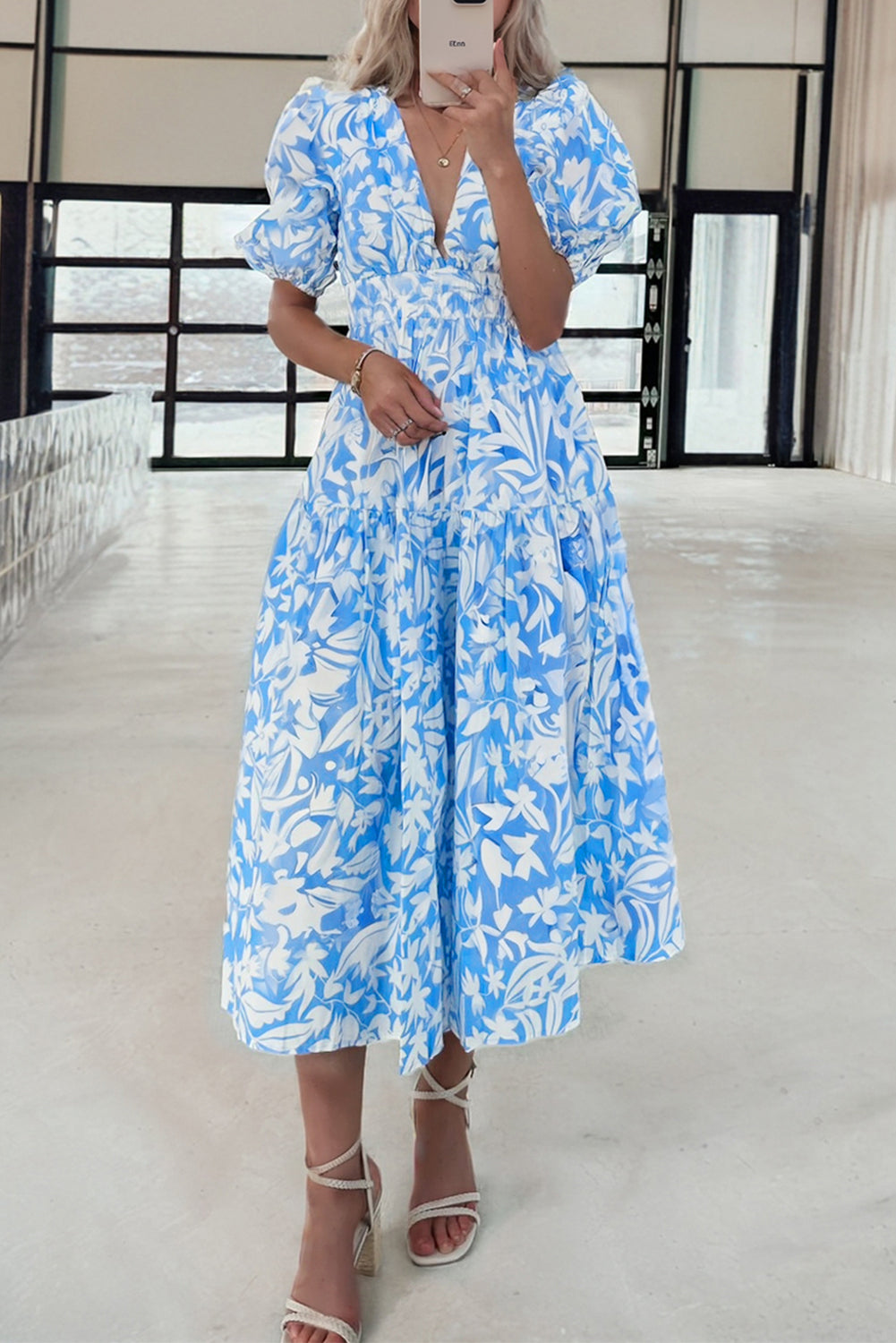 Sky Blue Floral V Neck Puff Short Sleeve Flowy Long Dress 🇺🇸