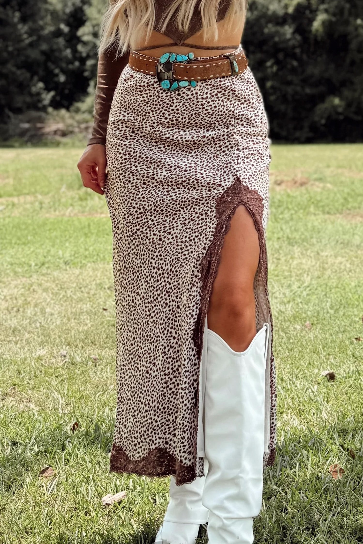 Brown Cheetah Print Trim Split Long Western Skirt 🇺🇸