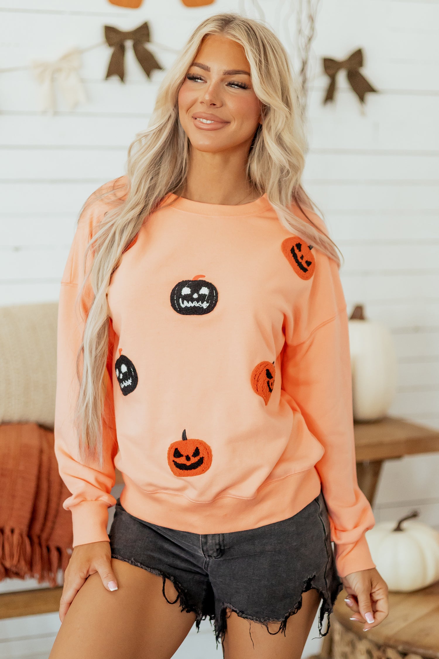 Orange Embroidered Pumpkin Face Drop Shoulder Sweatshirt 🇺🇸
