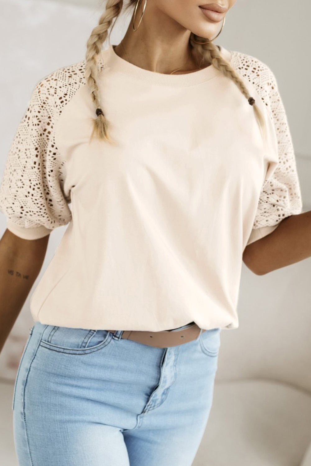 Jet Stream Lace Crochet Short Sleeve Round Neck T Shirt 🇺🇸