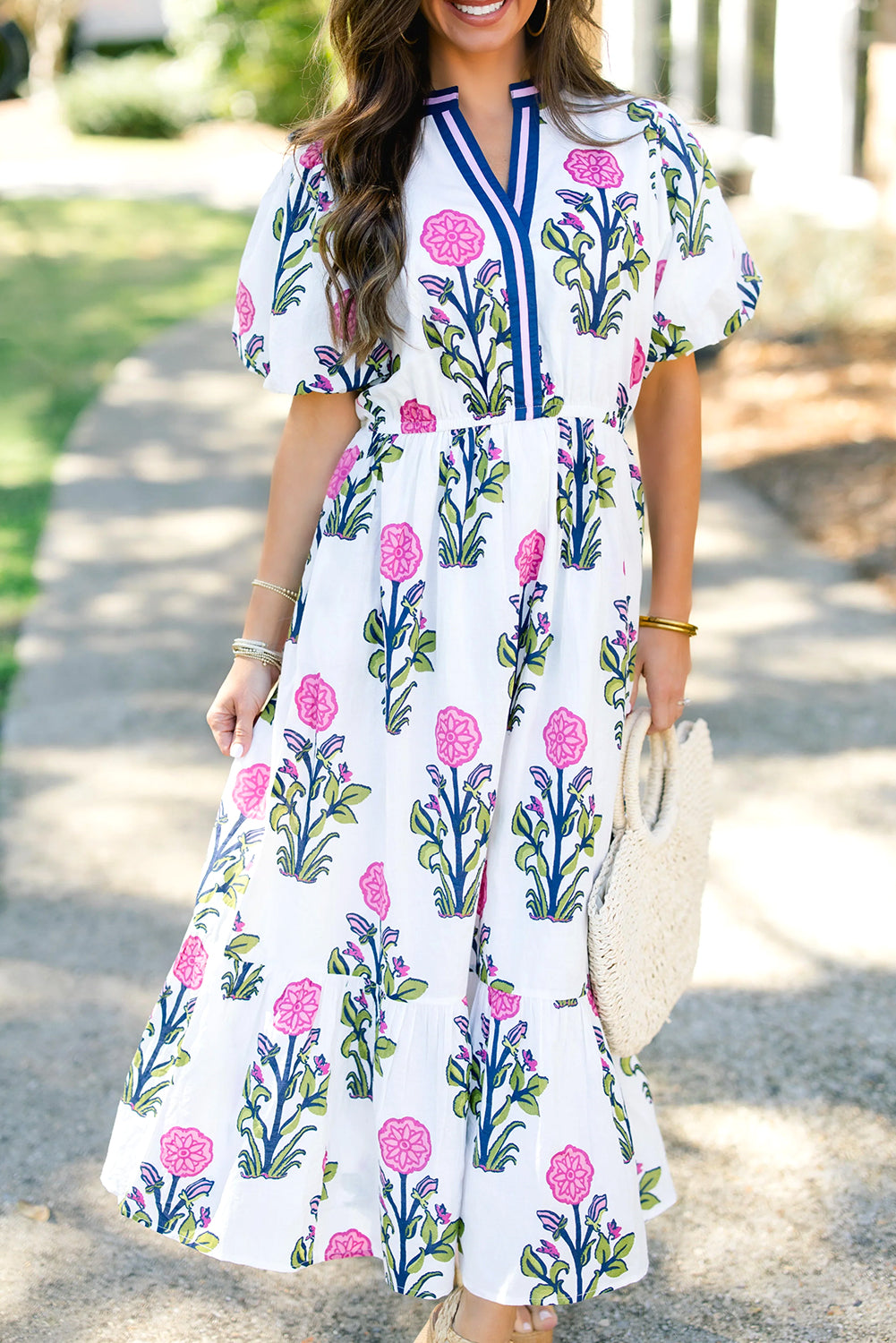 White Floral Puff Short Sleeve V Neck High Waist Maxi Dress 🇨🇳