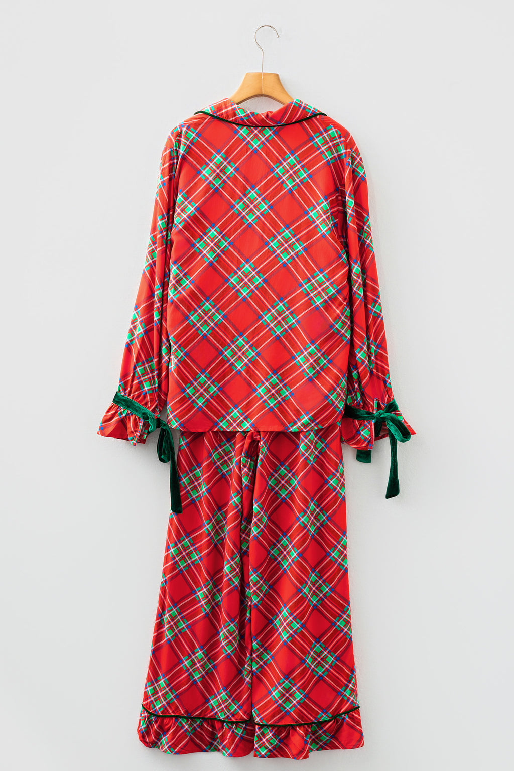 Fiery Red Christmas Plaid Satin Pajama Set with Contrast Velvet Ties 🇺🇸