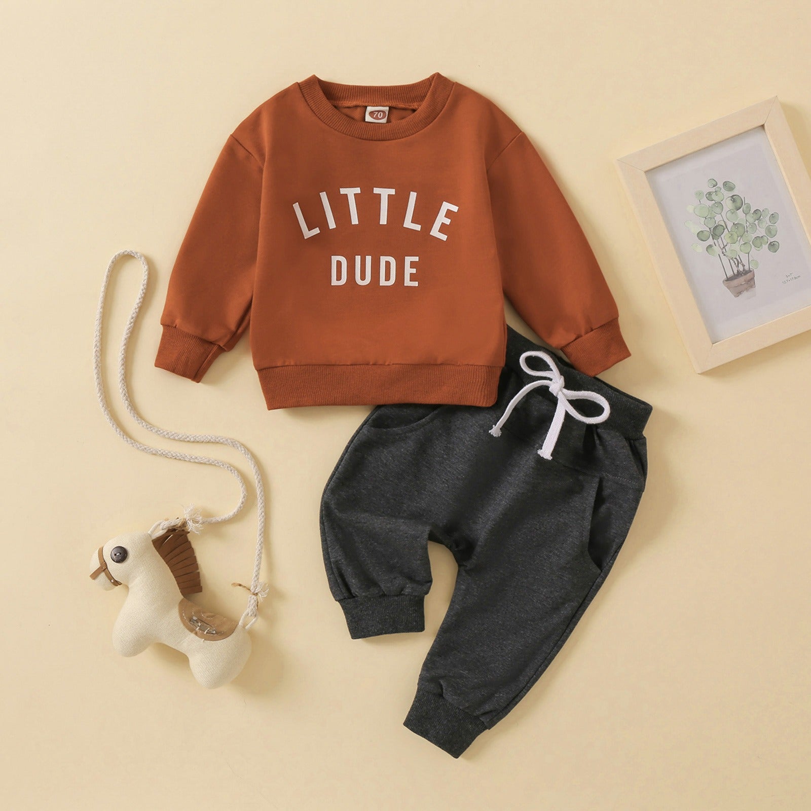 Children's round neck letter printed top solid color pants two-piece set multi-color design 🇨🇳