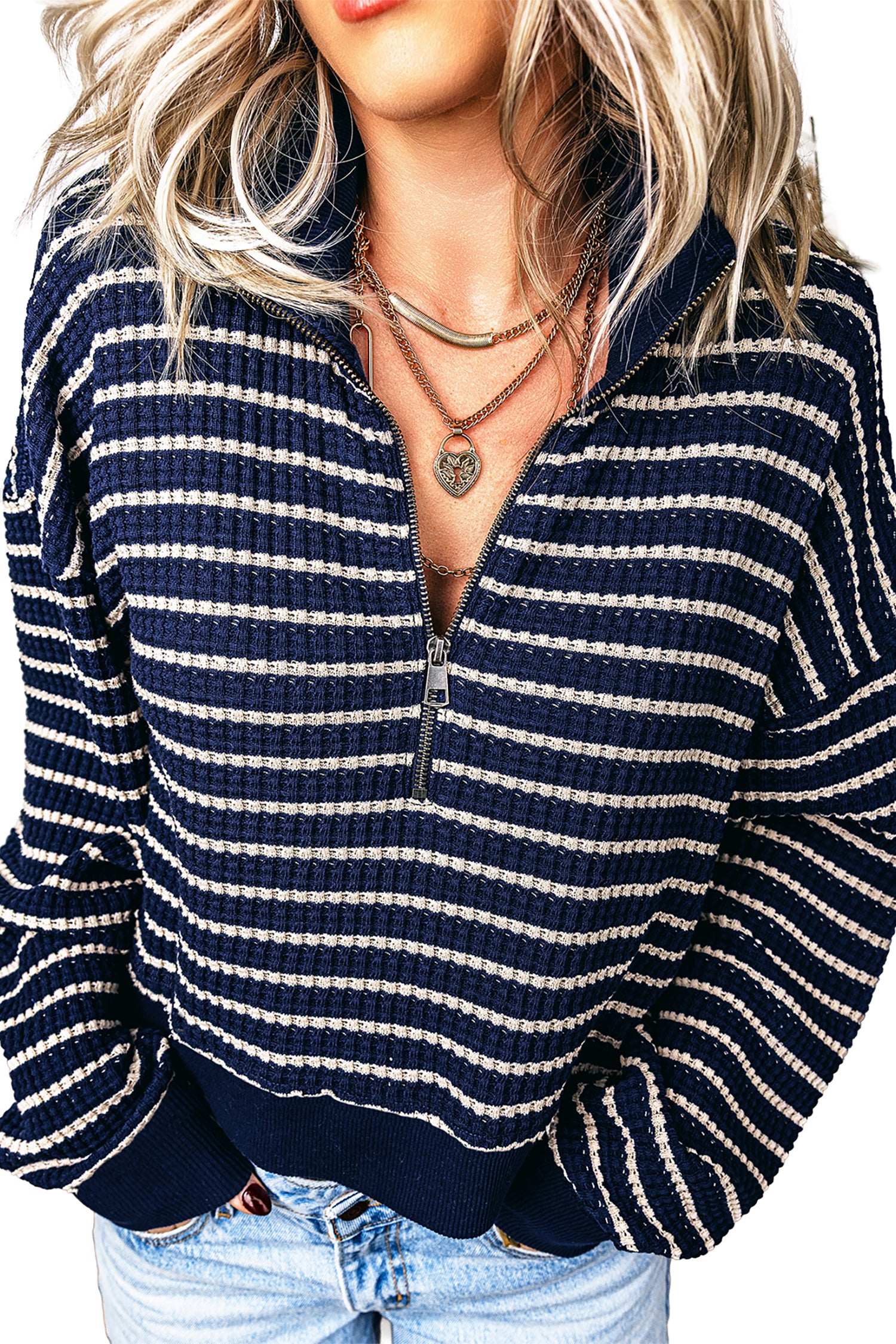 Blue Stripe Textured Knit Half Zip Collared Long Sleeve Top 🇺🇸