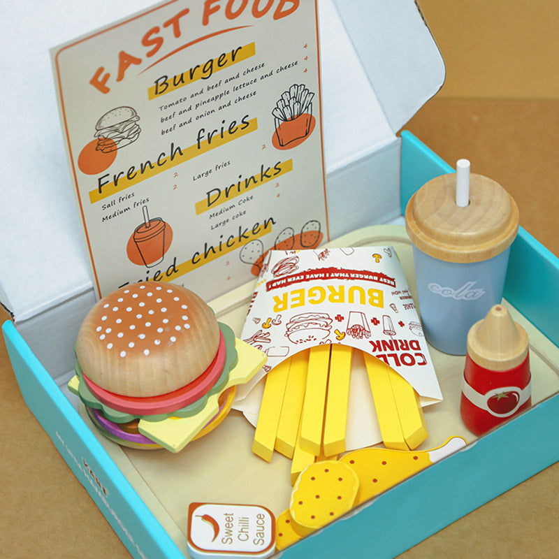 Children's play at home puzzle burger French fries wooden simulation sandwich kitchen wooden toy 🇨🇳