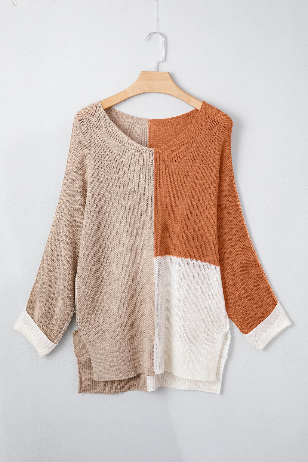 Chestnut Color Block Knit V Neck Loose Sweater 🇺🇸