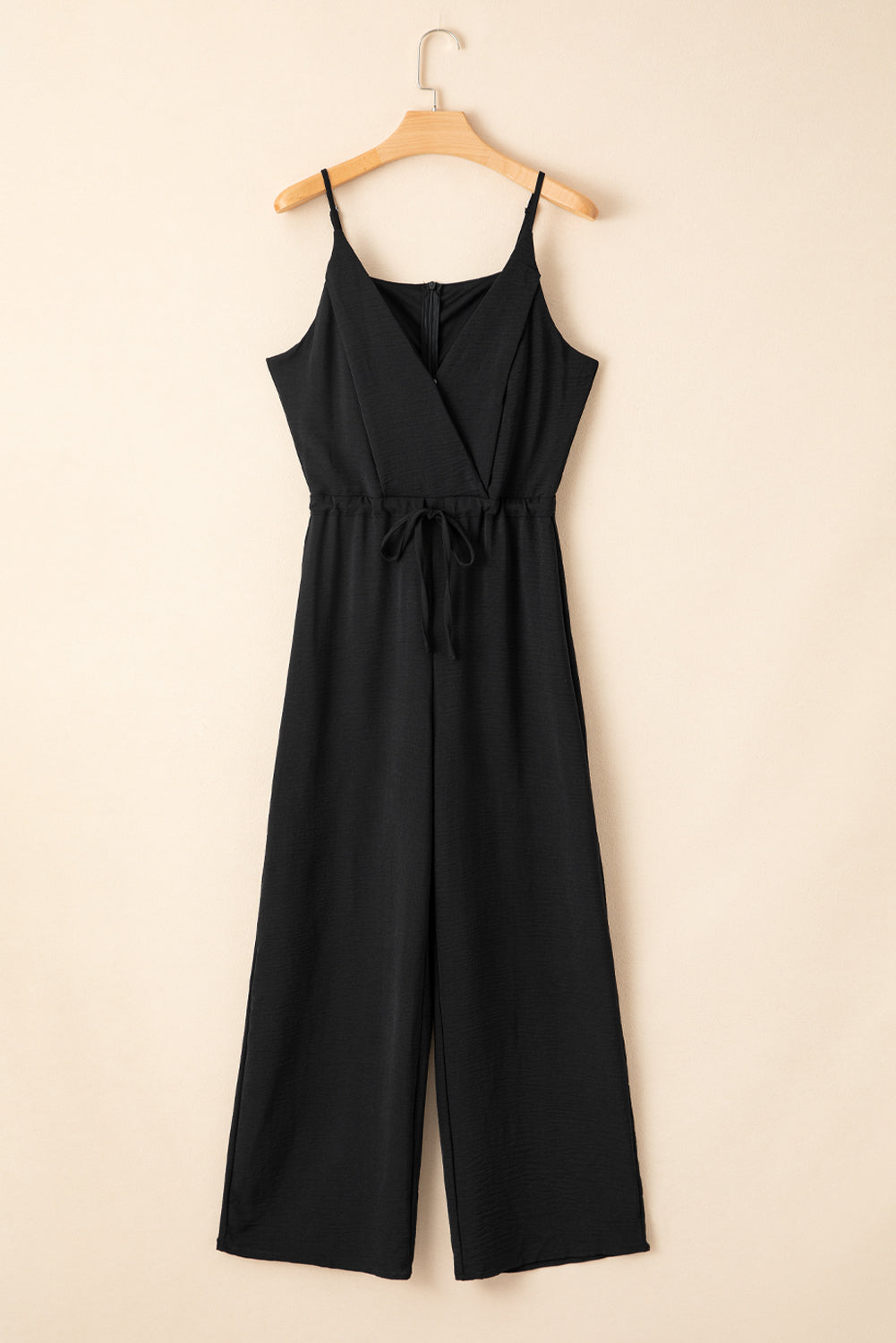 Black Solid Spaghetti Strap Wide Leg Drawstring High Waist Jumpsuit  🇺🇸