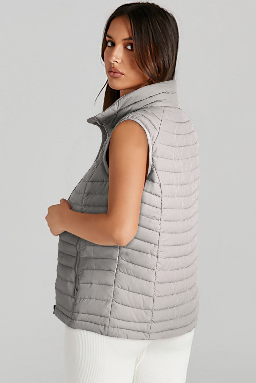 Silvery Plush Collared Quilted Zipped Puffer Vest 🇺🇸