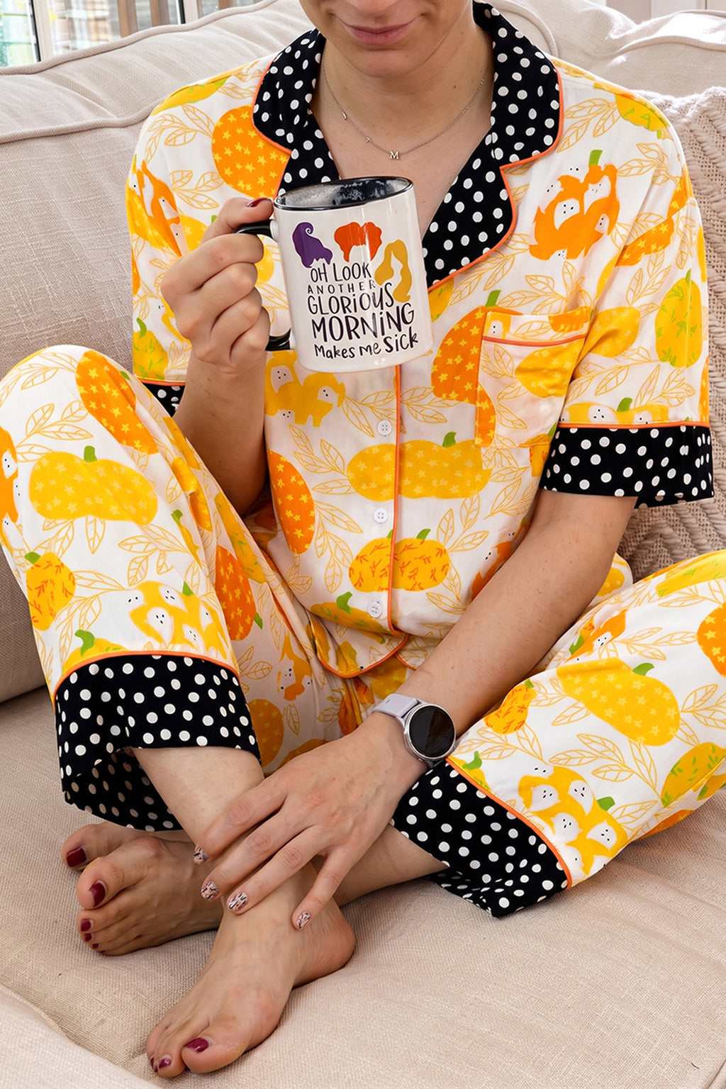 Orange Short Sleeve Pumpkin Print Polka Dot Trim Pocket Pocket Placket Lounge Set 🇺🇸