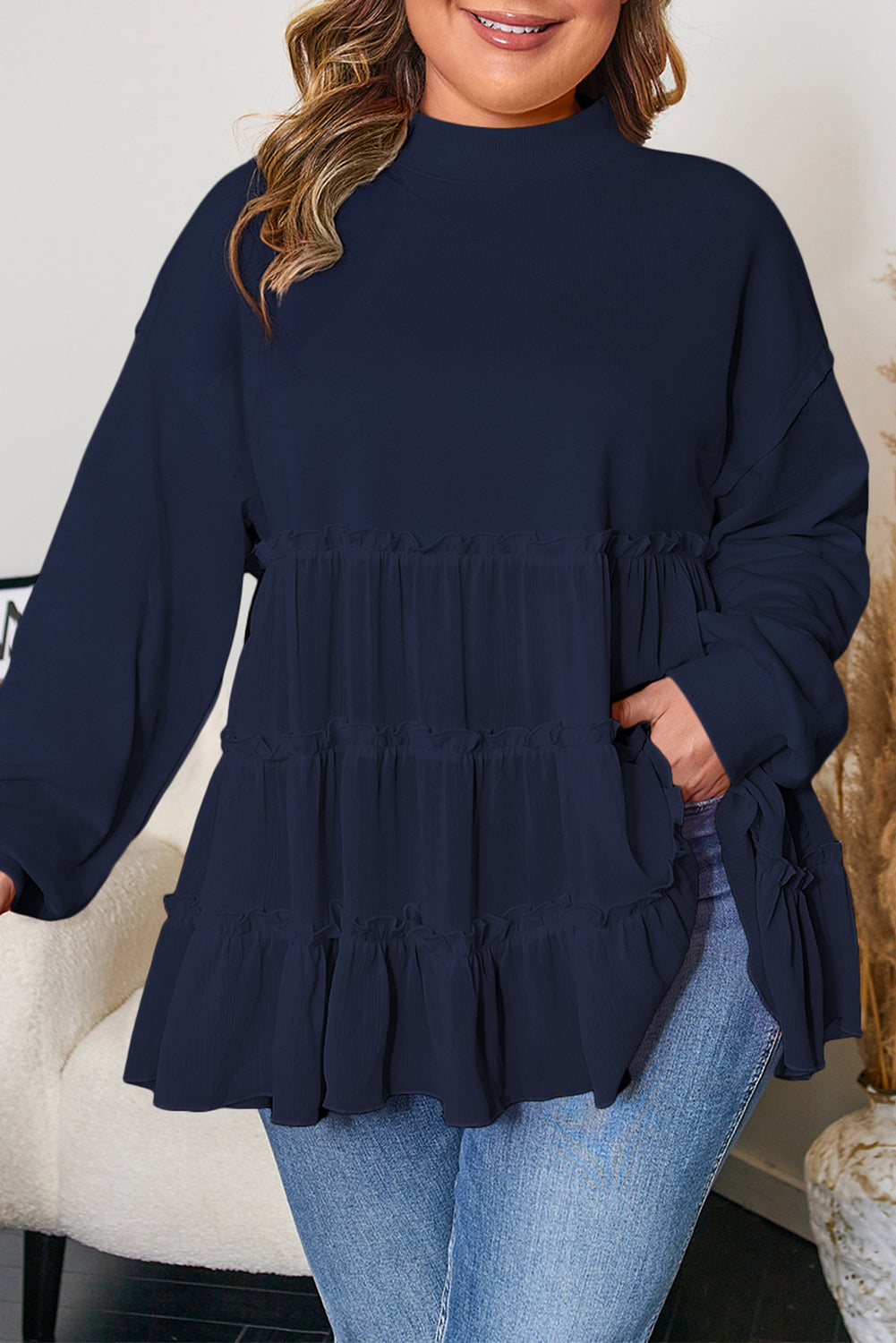 Navy Blue Tiered Ruffle Ribbed Crew Neck Pullover Plus Size Top 🇺🇸