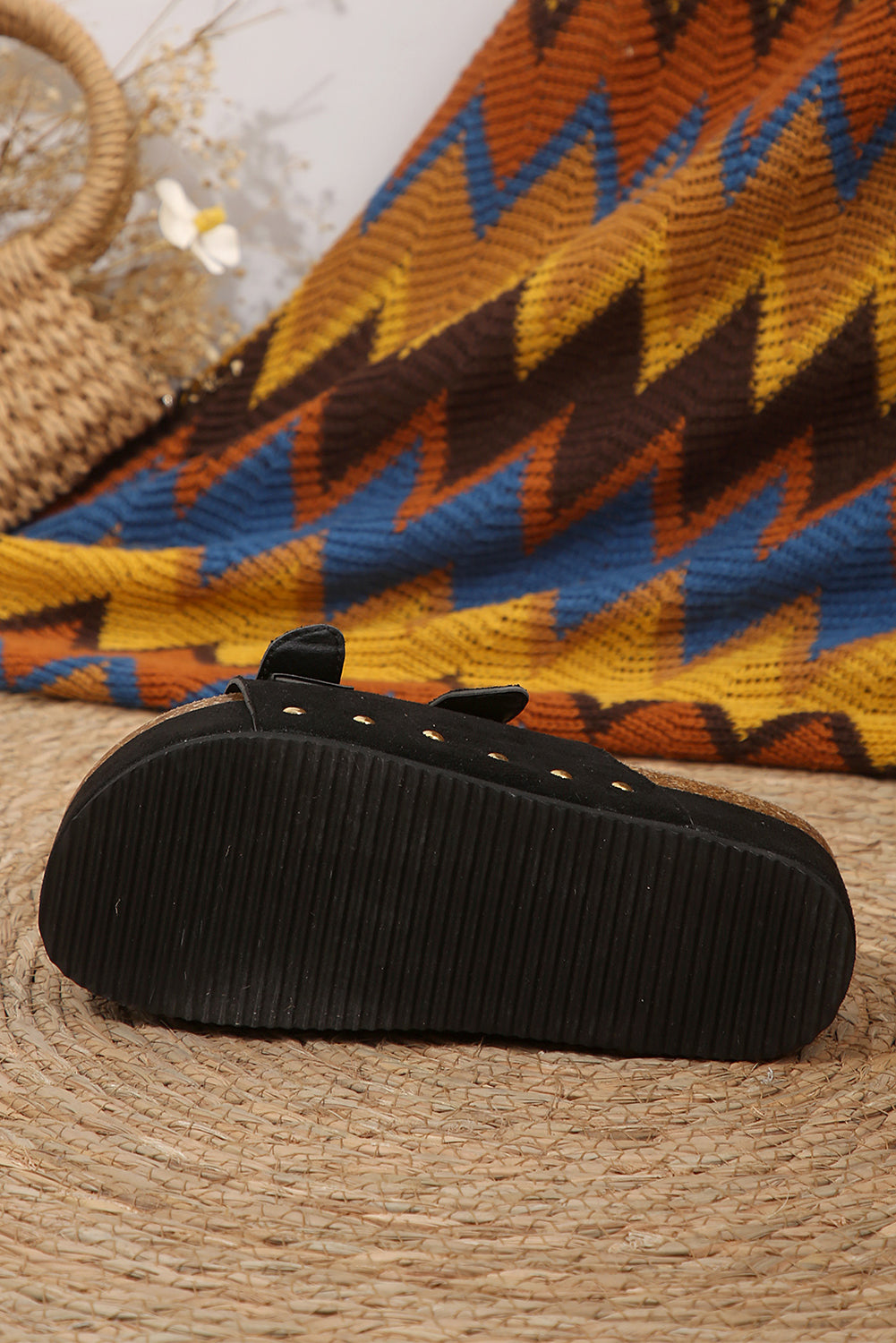 Black Suede Buckle Decor Footbed Sandal Slippers 🇨🇳