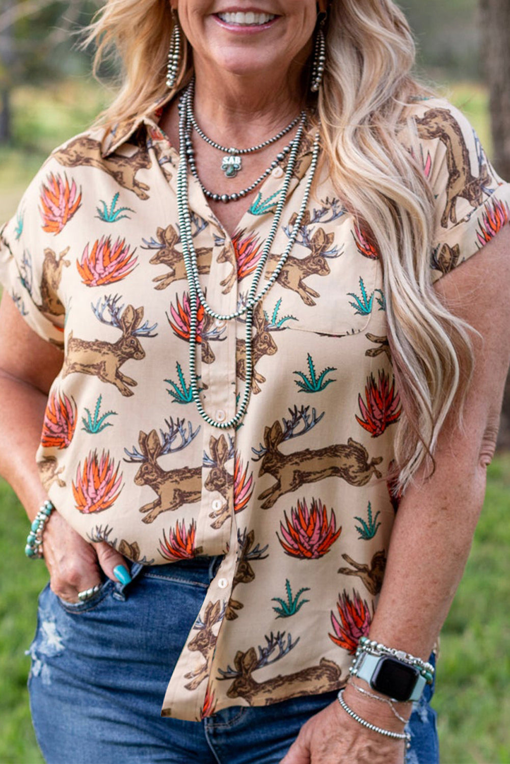 Khaki Plus Size Western Pattern Print Buttoned Short Sleeve Shirt 🇨🇳