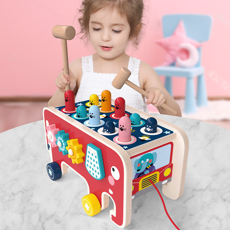 Montessori Toddlers Kids Wooden Pounding Bench Animal Bus Toys Early Educational Set Gifts For Children Toy Musical Instrument 🇨🇳