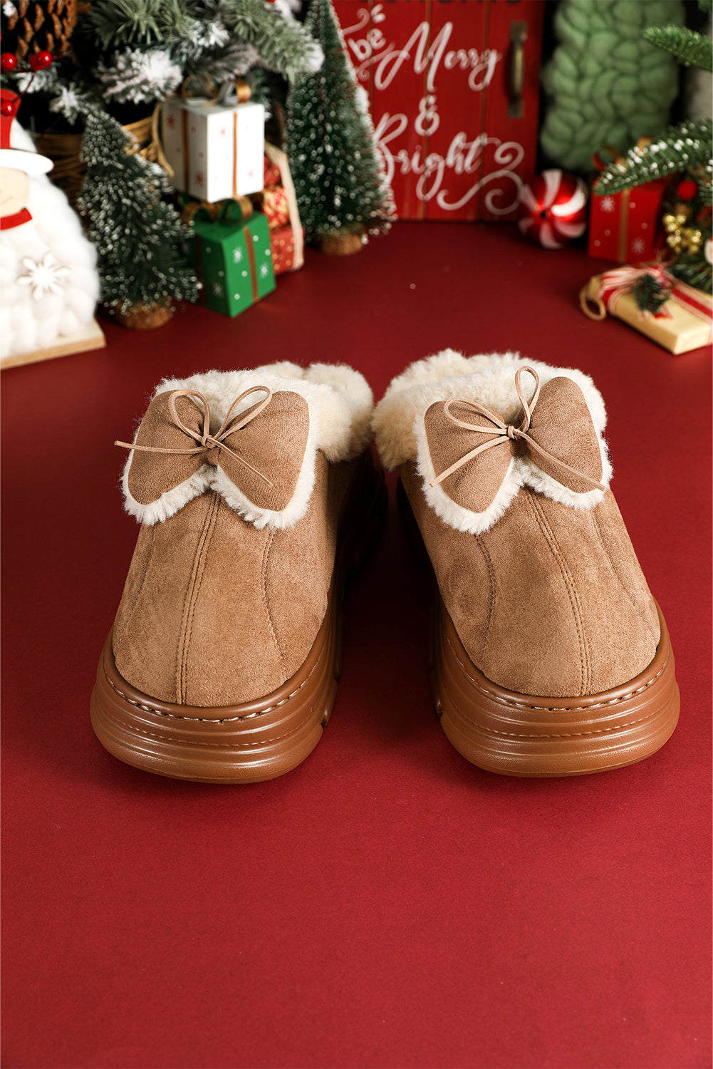 Straw Yellow Cozy Faux Fur Lined Bow Decor Clog Slippers 🇺🇸