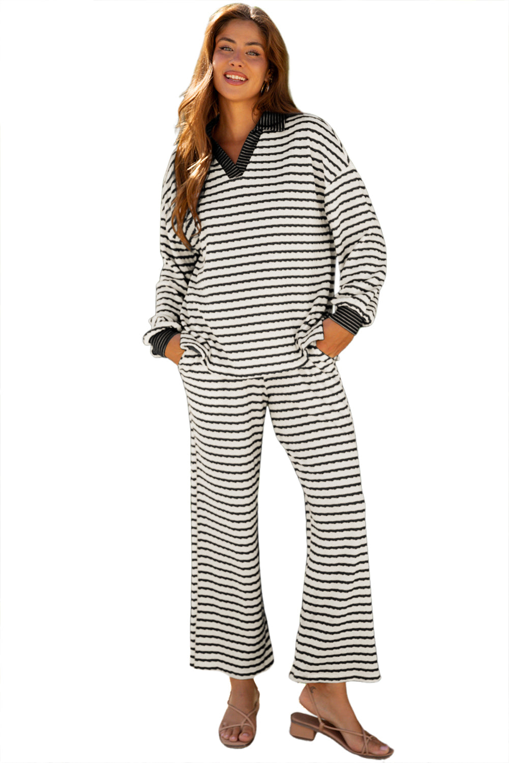White Stripe Collared Pullover Top and Drawstring Pant Set 🇺🇸