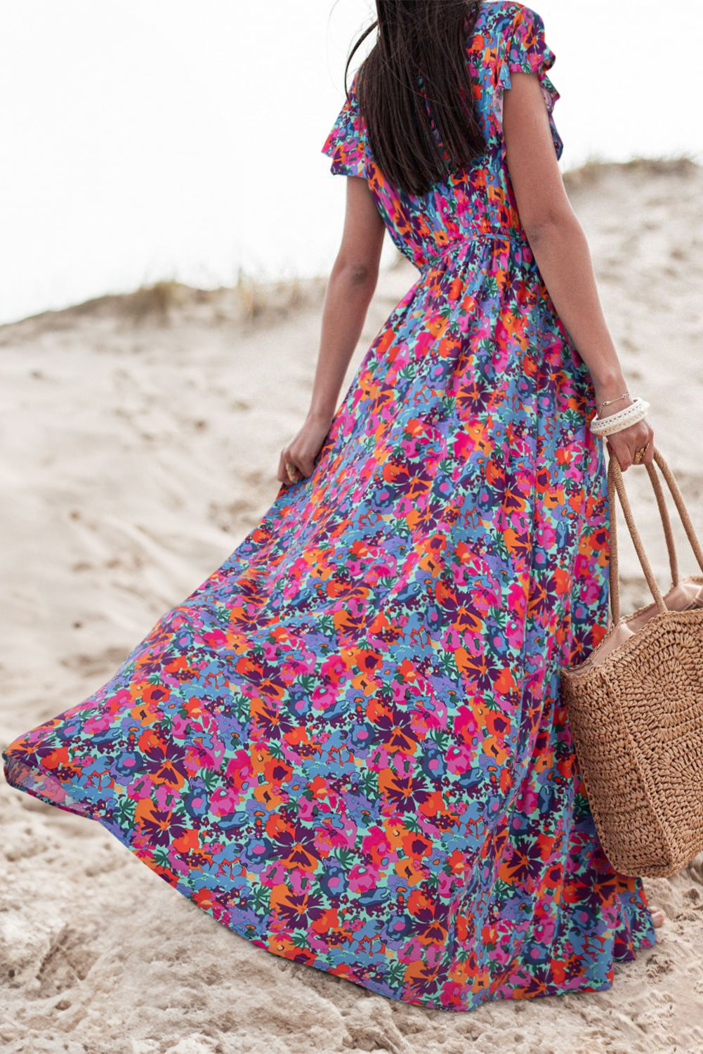 Blue Floral Print V Neck Wrap Split Maxi Dress 🇺🇸