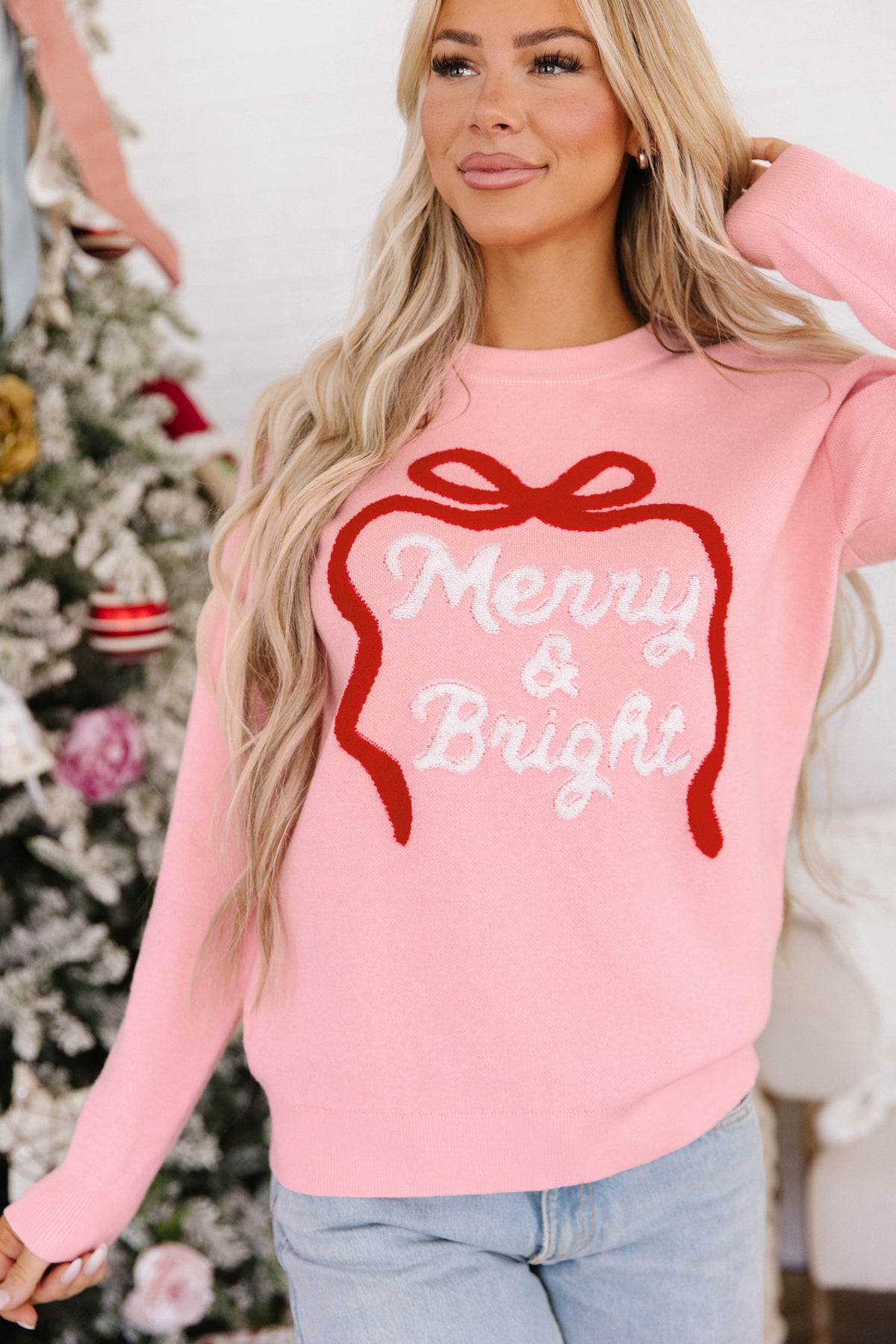 Gossamer Pink Drop Shoulder Round Neck Towel Embroidery Slogan Pullover Sweater 🇺🇸
