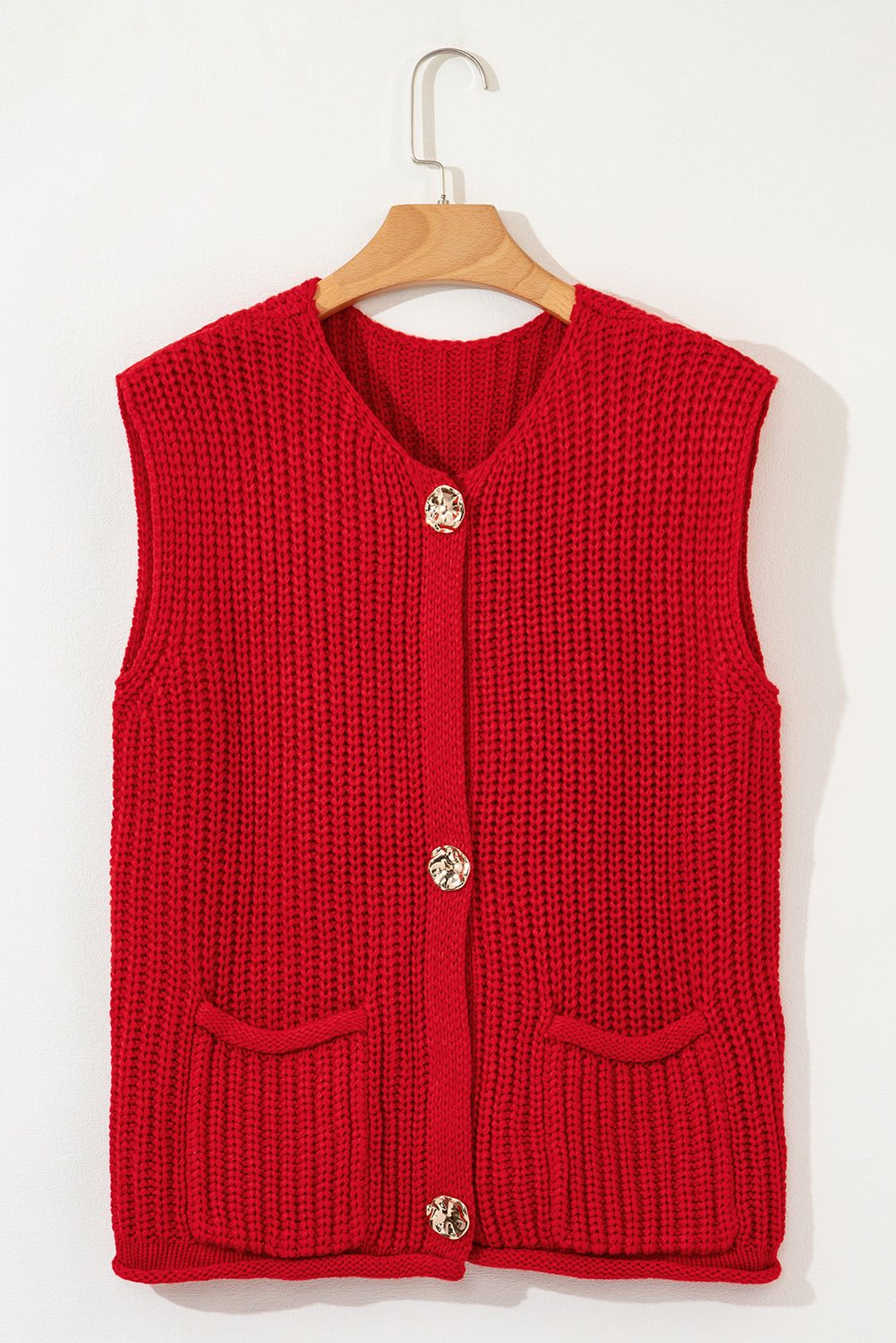Fiery Red Solid Textured Knit Side Pockets Buttoned Sweater Vest 🇺🇸