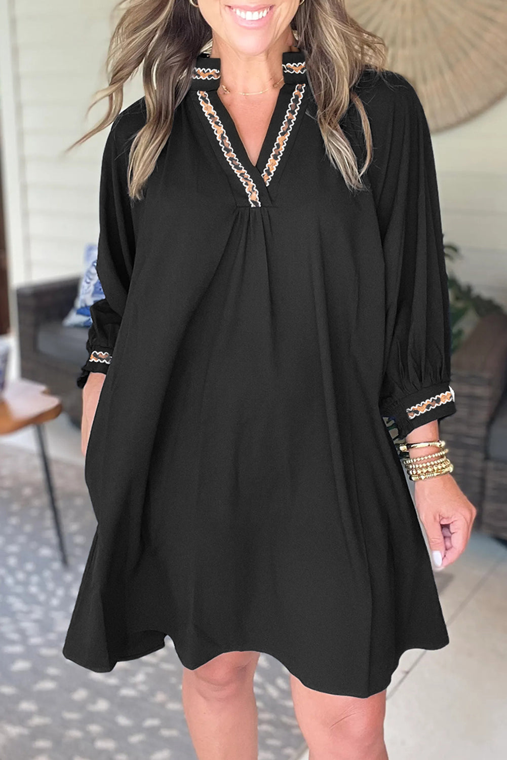 Black Contrast Trim V Neck Bracelet Sleeve Shift Mini Dress 🇺🇸