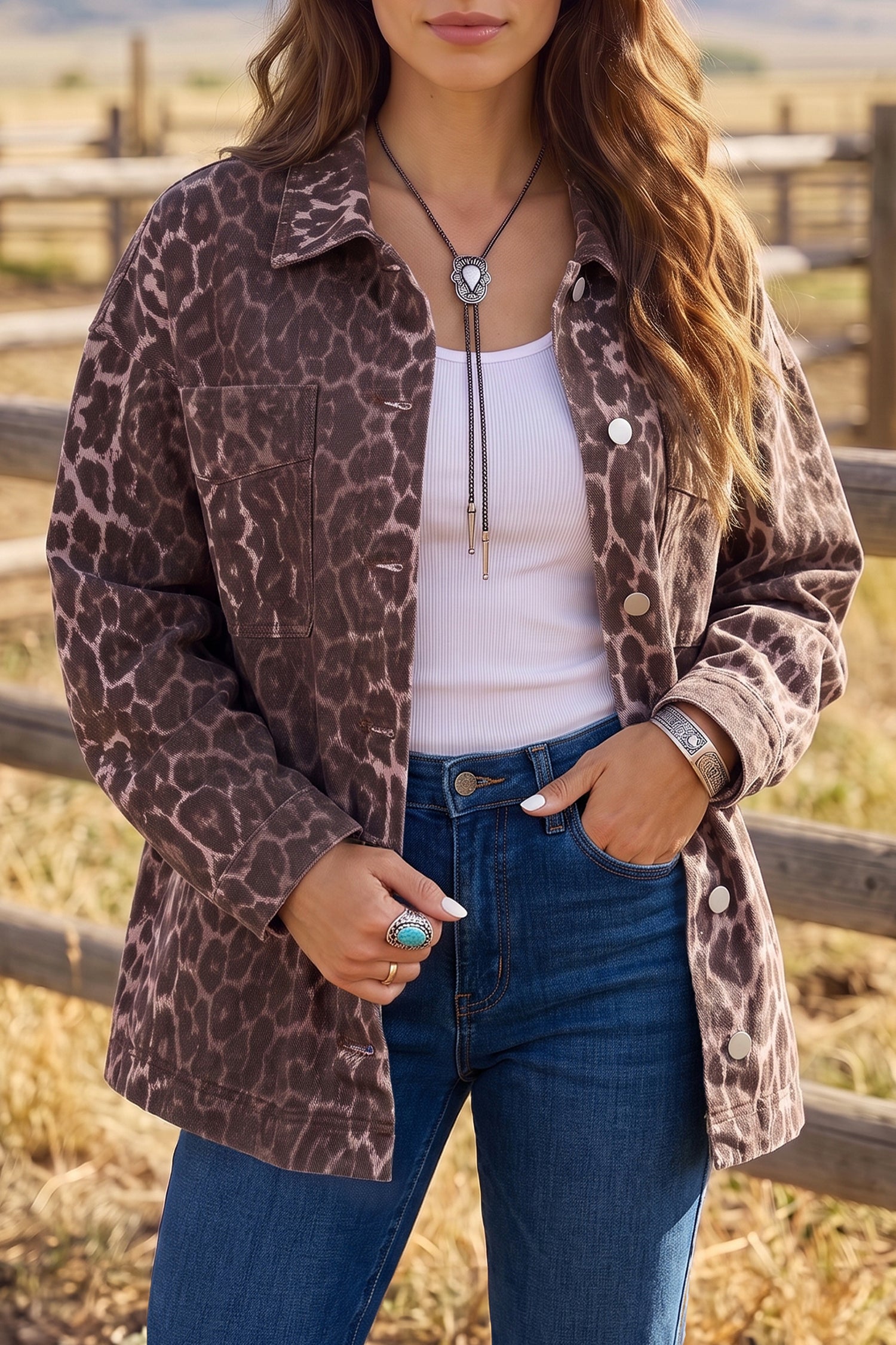 Khaki Oversized Leopard Print Long Sleeve Patch Pocket Denim Jacket 🇺🇸