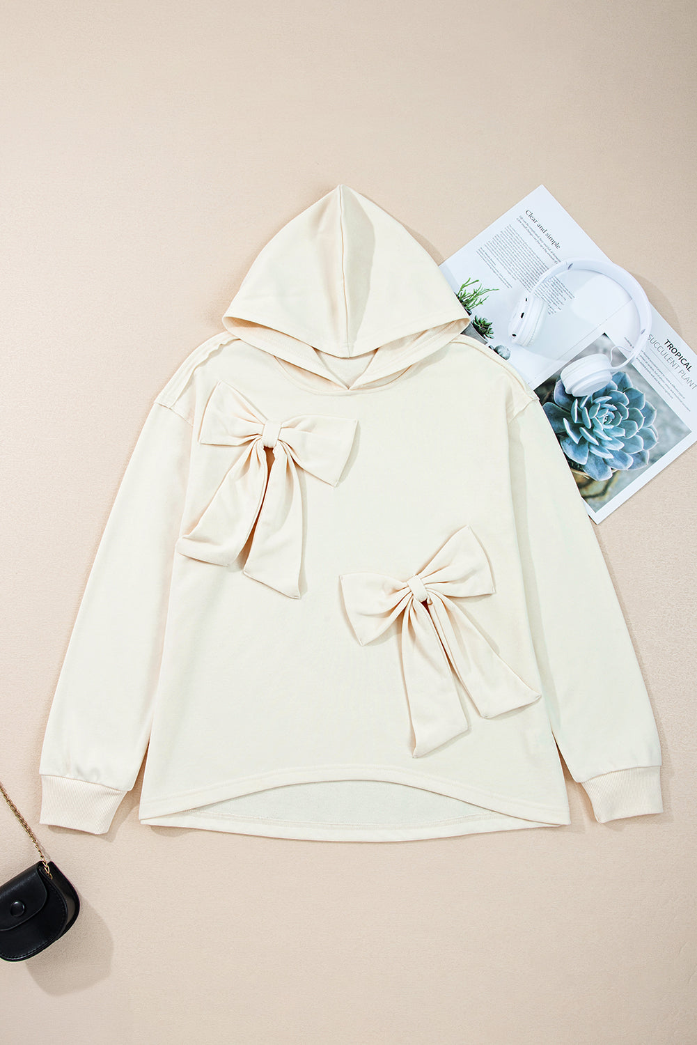 White Solid Color Cute Bow Detail Loose Hoodie 🇺🇲