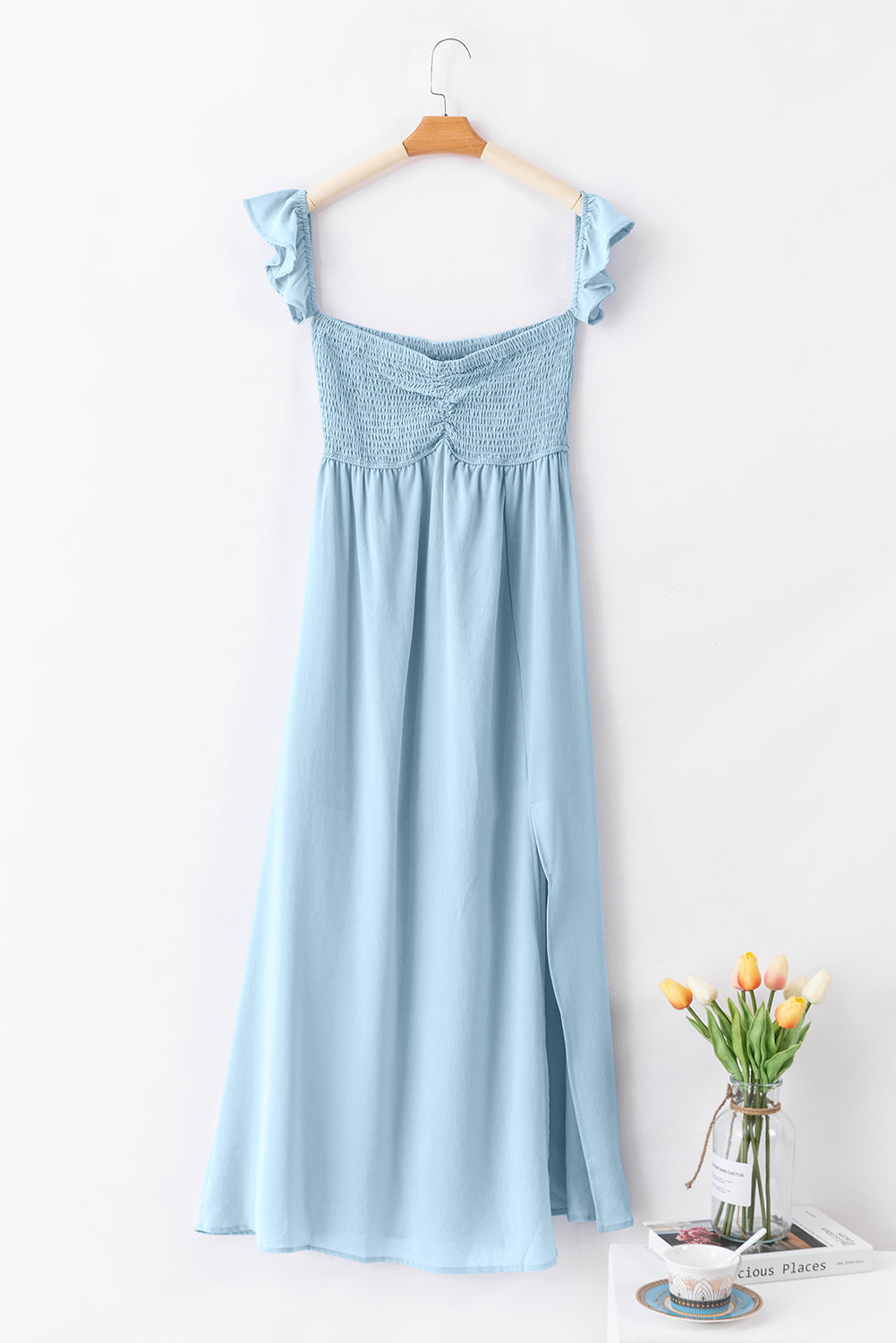 Sky Blue Off Shoulder Ruched Bust Sheer Slit Maxi Dress 🇺🇸
